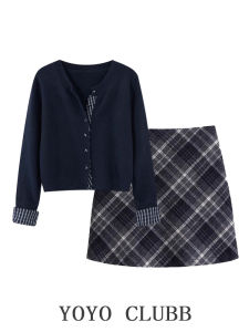 Áo Len Kẻ Caro Giả Hai Mảnh Cạp Cao YOYO CLUBB Bộ Váy Ngắn Thời Trang Cao Cấp Cho Nữ Mùa Đông 2024 Áo Len Dệt Kim Polyester