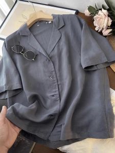Comfortable Breathable Mixed Linen Short Sleeve Suit Collar Loose Womens Shirt Casual Style Regular Length Pure Color Top
