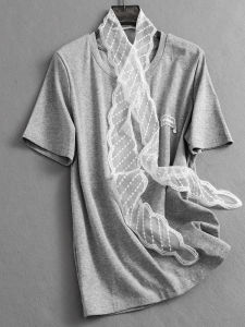 Lace Trim Loose Slimming Solid Color Summer New Short Sleeve Womens T-shirt K663 Casual Straight Cotton round Neck Top