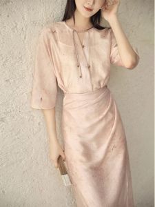 Elegant Pink Cotton Linen Dress Waist-Cinching Zen Tea Ceremony Wear Summer Long Skirt for Women Commute Style High Waist A-Line