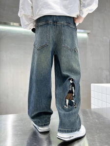 Boys Casual Fleece Lined Loose Jeans High Waist Elastic Belt Long Pants Autumn Winter Fashionable Childrens Clothing