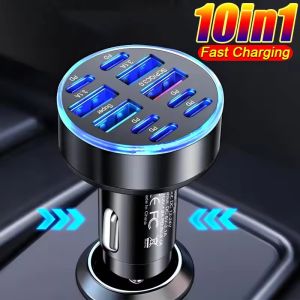 Pphha】อะแดปเตอร์โทรศัพท์แบบชาร์จเร็วชนิด USB 100W พอร์ตอเนกประสงค์10-In-1ที่ชาร์จแบตในรถ QC3.0อุปกรณ์ตกแต่งรถยนต์ชาร์จอเนกประสงค์