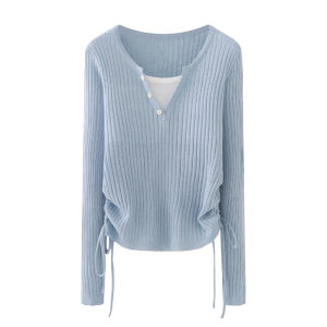 Áo Len Cardigan Dệt Kim Đơn Giản Cho Nữ Mùa Xuân Hè Mới Nhỏ Eo Rút Dây Áo Khoác Ngoài