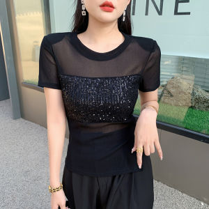 REHIN Unique Mesh and Sequin Patchwork Short Sleeve T-shirt Slim Fit Irregular Split Sun Protection Top for Women