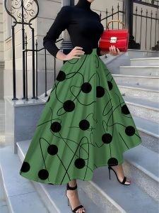 Printed Design Four season casual style green and black polka dot line half skirt