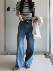 กางเกงยีนส์ขากว้างเอวสูง ทรงหลวม ทรงตรง กางเกงขายาวผู้หญิง สีน้ำเงินอ่อน กางเกงยีนส์ทรงลำลอง