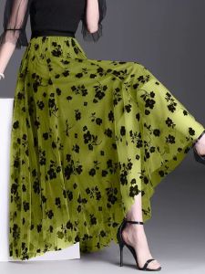 Spring 2024 Floral Fairy Skirt Velvet New Style Pleated A-Line Midi High Waist Slimming Mesh Skirt Elegant Polyester Fiber