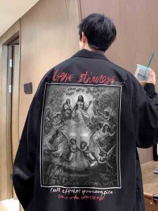 Fall and Winter Extra Large Size 150.00kg Hong Kong Style Long Sleeve Shirt Men American Retro High Street Hiphop Jacket