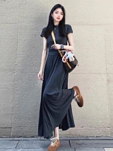 XIAOQIAOJIA | Elegant Grey French Hepburn Style Womens Slimming Long Dress Summer Fashionable High Waist A-Line Skirt Two-Piece Set