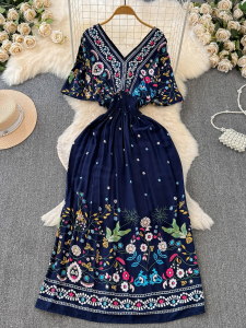 Summer 2025 Ethnic Style Floral Print V-Neck A-Line Maxi Dress Batwing Sleeves High Waist Holiday Long Dress Womens Fashion