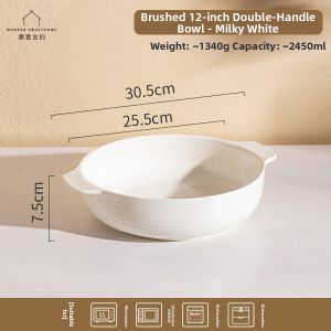 MODERN SWEETHOME | High-Temperature White Porcelain Home Use Large Soup Bowl with Ears