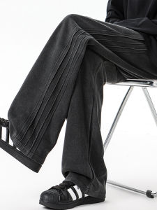 American Washed ลำลอง ผู้ชาย กางเกงวอร์ม หลวม ขาตรง ขากว้าง ยาว กางเกงขายาว สตรีทสไตล์ สูง เอว ผ้าฝ้าย โพลีเอสเตอร์ Blend