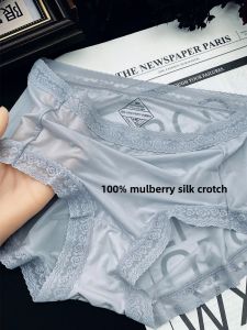 100% Mulberry Silk Crotch 5A Antibacterial Ice Silk Mask Traceless Lace Mid Waist Silk Crotch Summer New Panties Women