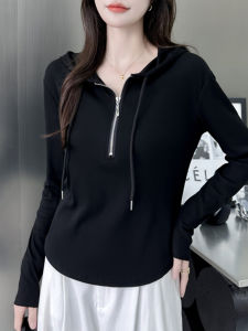 Black Hooded Long Sleeve T-Shirt Womens Spring Autumn Winter Slim Fit Base Layer Zipper Sweatshirt Short Top Casual Style
