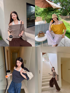 MASISI | Halter Illusion Striped Off-Shoulder T-Shirt