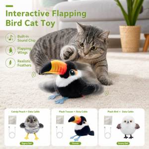 Teekland Flapping Bird Cat Toy White Sparrow Plush Touch Activated Bird Chirp Cat Toy with Refillable Catnip USB Rechargeable Interactive Kitten Exercise Toy (No Flying)