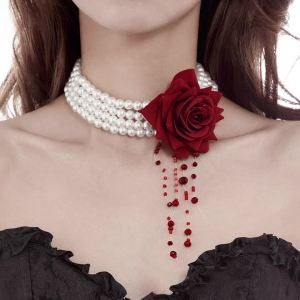 Nữ Goth Mặt Dây Pha Lê Đỏ Vòng Cổ Choker Nhiều Lớp Giả Ngọc Trai Hoa Hồng Hoa Xương Đòn Dây Chuyền Trang Sức Thời Trang Cho Halloween
