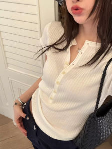 DUOFEIYAN | White Semi-Open Collar Knit Ribbed Short Sleeve T-Shirt