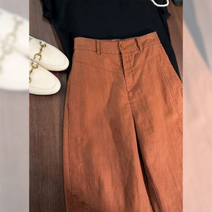 PAIBOLI | High Waist Straight Leg Pants Caramel Color Elastic Waist Cotton Linen Womens Summer Loose Fit Wide Leg Trousers