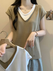 Plus Size V-Collar Contrast Color Fake Two-Piece Knitted Sweaters Female Summer Fat Sister New Arrival Western Style Fashion All-Matching Slim Looking Tops
