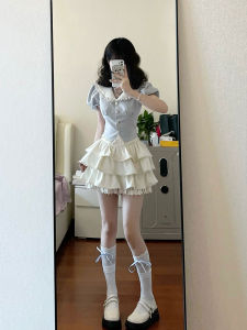 Sweet French Design Navy Collar Set Dress College Style Bubble Sleeve Top Slimming Elegant Youthful Cake Skirt Two Piece Suit