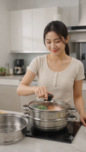 STAINLESS STEEL STEAMER SET WITH LID FOOD GRADE MULTI-PURPOSE STEAMING POT