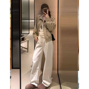 ขยายสูง เอว ขาตรง เดนิม กางเกงยีนส์ ผู้หญิง หลวม Fit Drapey ขากว้างยาวพื้น กางเกง ฤดูใบไม้ร่วง Vintage สีขาว