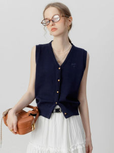 CHOEFULYN | French Retro Deep Blue V-Neck Knitted Vest