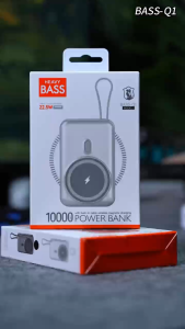 HEAVY BASS-Q1 10000mAh Magnetic Mini Power Bank with Phone Bracket and Built-in Type-C Cable 22.5W Fast Charging