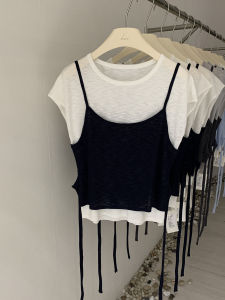 Ice Silk Cool Feeling Short Sleeve Knitted Slimming Belt Design Korean Style Casual Womens Top for Commuting Summer Fashion