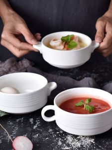 Pure White Ceramic Bowl Double Ears Soup Bowl Dessert Bowl Baby Home Use round Rice Bowl Japanese Style Double Ear Soup Bowl
