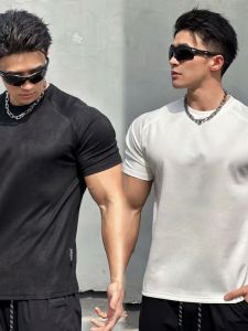 Mens Fitness round Neck Short Sleeve T-Shirt Casual Slimming Training Wear American Summer Solid Color Trendy Brand Heavyweight