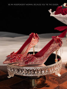 Red Crystal Wedding Shoes Womens Chinese Xiuhe Suit Wedding Dress Two-Way Wear Bride Engagement Shoes Not Tired Feet Bows High Heels