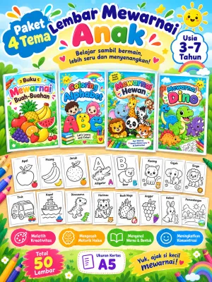 Versi Cetak - Paket Lembar Mewarnai Dino Buah Alphabet Hewan Ukuran Kertas A5 Untuk Anak Usia PAUD/TK/SD - Total 50 lembar