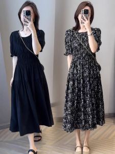 LIYANGANG | Fashionable Floral Short Sleeve Dress Slimming Black Pleated