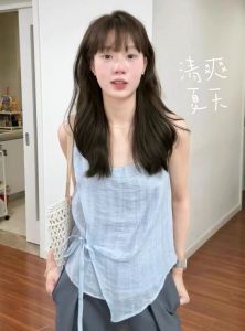 Blue Laced Sleeveless Vest Womens Summer Stylish Asymmetrical Chic Sweet Casual All-Matching Tops