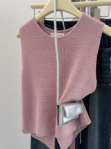Elegant Unique Back Split round Neck Ice Silk Knitted Sleeveless Vest Women Spring Autumn Layering Shoulder Pad Top