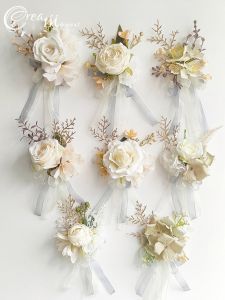 Fairy White Bride Wrist Flower Bridegroom Corsage Boutonniere Bridesmaid Sisters Group Wrist Flower Flower Wedding Clothing Accessories
