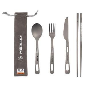 Portable Pure Titanium Cutlery Set HWZBBEN Hertzben Outdoor Daily Use Camping Dinnerware Four-Piece Set Knife Fork Spoon Chopsticks