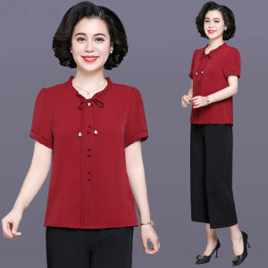 Fashionable Middle-aged Style Womens Wedding Dress Summer Outfit Chic Silk Short Sleeve Two-piece Set for Ankle-length Pants