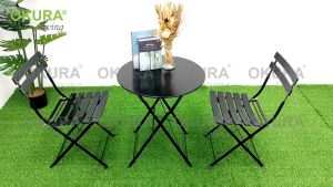OKURA Folding Outdoor Metal Patio Furniture Table Set 1 Round Table + 2 Chairs / Garden Set / Meja + Kerusi Taman