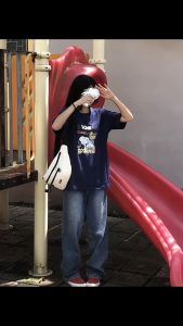 เสื้อยืดแขนสั้นลายการ์ตูนสำหรับผู้หญิง เสื้อคอกลมแฟชั่นฤดูร้อน