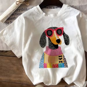 Cartoon Harajuku Fashion Puppy Printed Womens Short Sleeved T-shirt Casual Versatile Womens Daily and Outdoor Wear Size Up