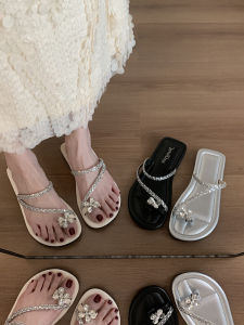 Beach Sandals Womens Flat Bottom French Toe Small Slippers Summer Soft Bottom Diamond Beautiful Coast Slippers Korean Style