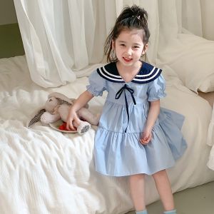 2-8Years Girls Navy Collar Dress Short Puffy Sleeves Solid Color Princess Party Dresses