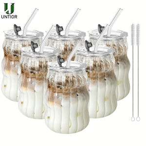 2/4pcs Vertical Pattern Glass Cup with Straw & Lid - Reusable Dishwasher Safe for Iced Coffee Latte Water Matcha Juice