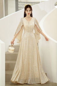 Champagne Long Evening Gown Elegant Glittering Performance Year-End Conference Host Ladylike High-End Ball Gown Floor-Length