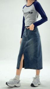 Rok Wanita 3/4 Jeans Bahan Denim Korean Style / Rok Midi Style A-Libe Split Tengah / Rok Wanita dengan Pinggang Tinggi Highwaist Modern Style