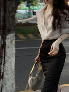 Summer White Collar Long Sleeve Shirt High Waist Slit Skirt Suit