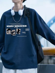 เสื้อยืดคอกลมแขนยาวทรงหลวมสำหรับผู้ชาย สีฟ้าเข้ม ผลิตจากผ้าฝ้ายแท้ ทรงหลวม แฟชั่นฤดูใบไม้ผลิและฤดูใบไม้ร่วง